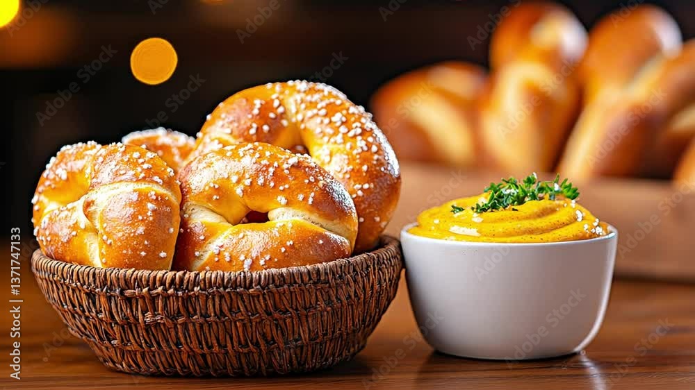 Freshly baked pretzels with mustard dip in a cozy setting