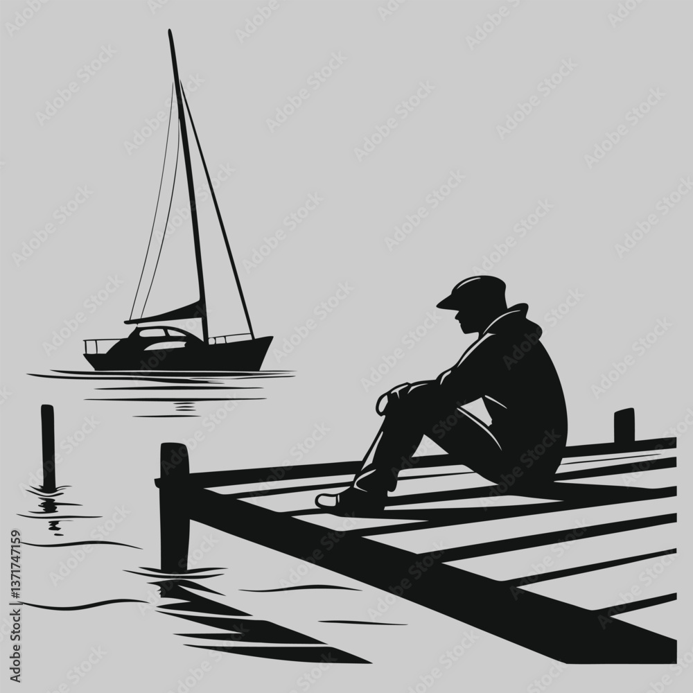 a person sitting on a dock gazing at the water silhouette vector design art and illustration