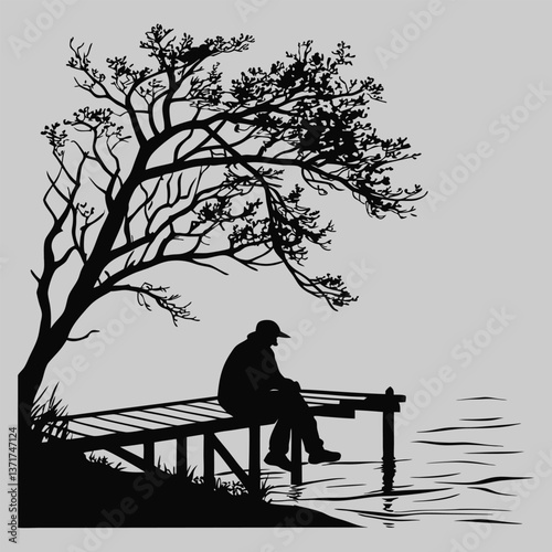 a person sitting on a dock gazing at the water silhouette vector design art and illustration