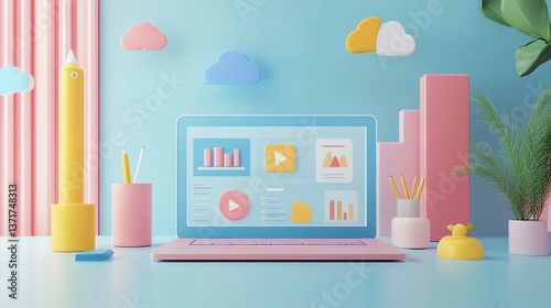 Wallpaper Mural Pastel Laptop Workspace: A Playful and Minimalist Digital Scene Torontodigital.ca