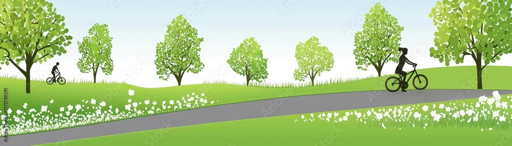 Cyclists on park path, trees, flowers, spring. Eco-friendly travel Cyclists on park path, trees, flowers, spring. Eco-friendly travel
