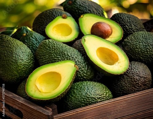 Close-up of freshly harvested avocados, A crate full of avocados, with some cut in half to display the creamy flesh