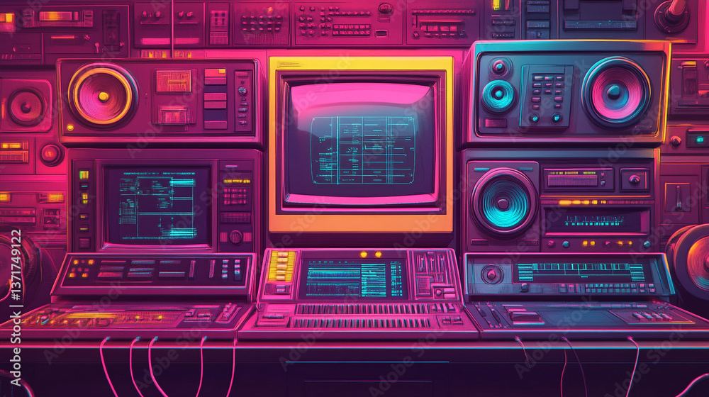 A retro studio setup with multiple screens speakers and audio equipment in neon pink and blue hues A retro studio setup with multiple screens speakers and audio equipment in neon pink and blue hues