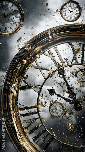 Abstract Surreal Clock Background with Gold and Black Elements