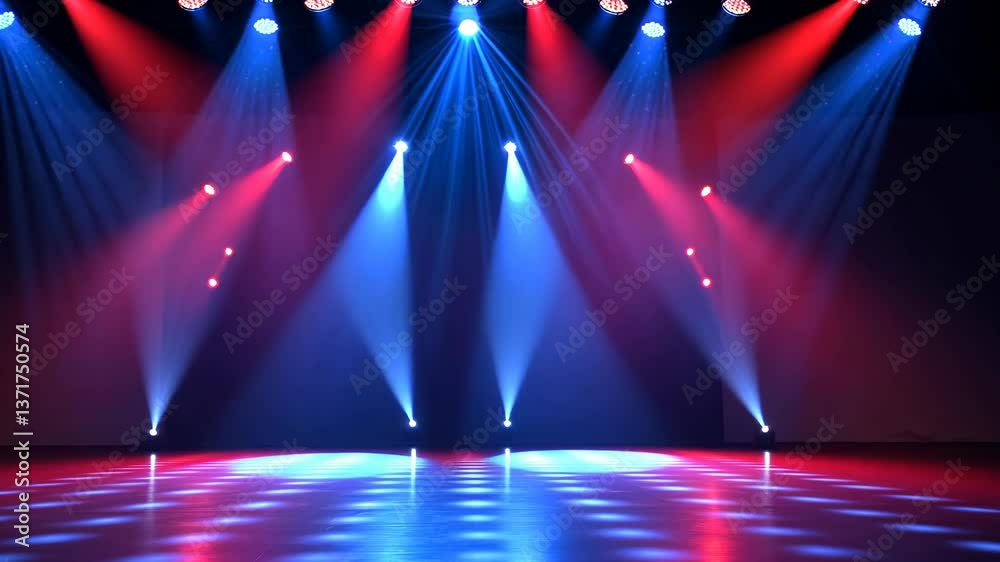 Colorful spotlight setup for a performance in a theater, highlighting the stage area with vibrant lighting effects and reflections on the floor