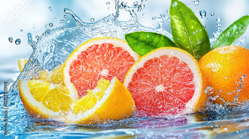 Fresh citrus fruits splash in clear water creating vibrant scene. bright colors of oranges and grapefruits are enhanced by refreshing droplets, evoking sense of vitality and freshness