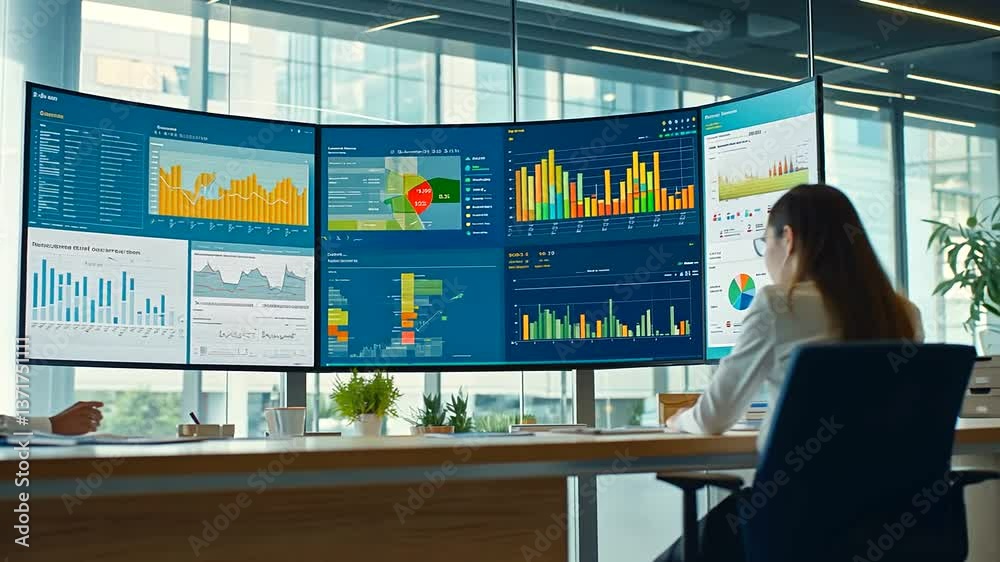 Professional woman analyzing data on multiple screens in modern office setting with graphs and charts displayed