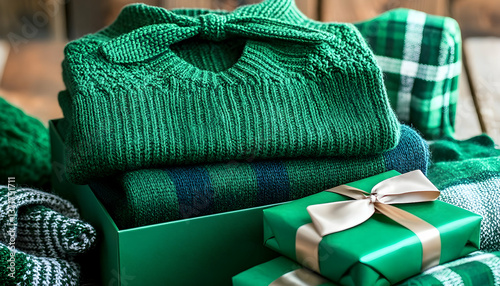 Cozy green sweaters and gifts arranged in a festive box, set against a rustic wooden background photo