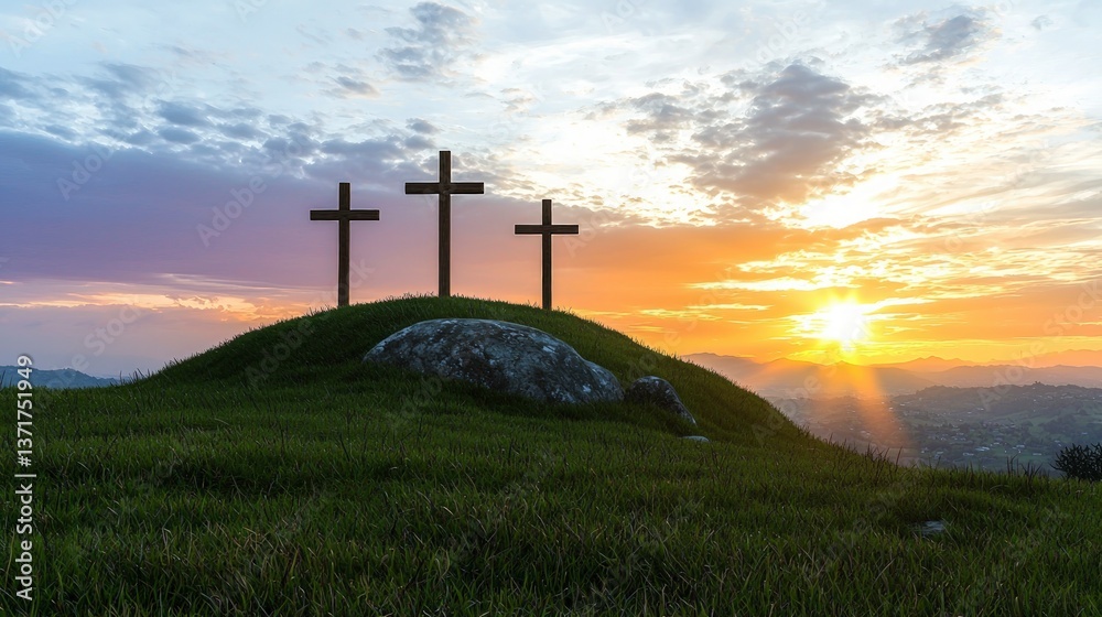 Obraz premium Three Crosses Silhouette on Hilltop Sunset Landscape