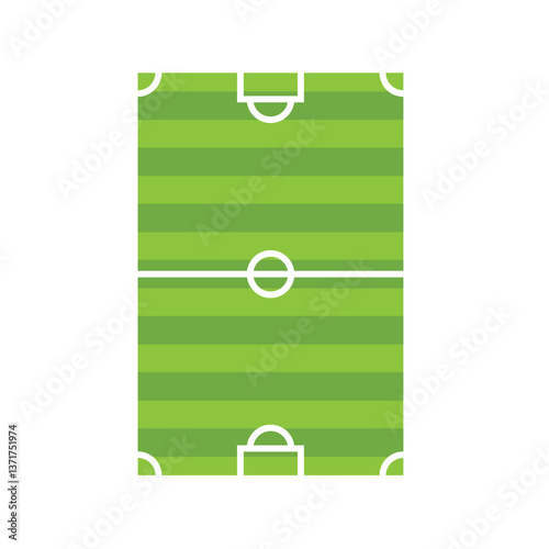 Flat Vector Illustration of a Green Soccer Field with Striped Grass and White Markings Seen from Top View on White Background