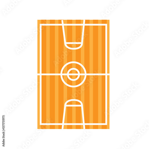 Flat Vector Illustration of an Orange Basketball Court with White Markings and Striped Floor Seen from a Top View on White Background
