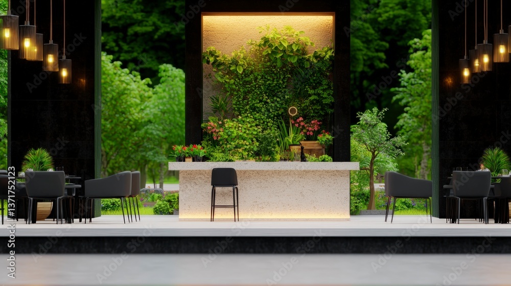 Fototapeta premium Modern Outdoor Cafe Design Minimalist Bar Green Wall Lush Garden