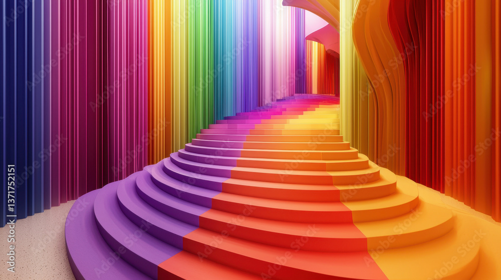 Fototapeta premium vibrant and colorful podium leads up staircase adorned with flowing fabric in spectrum of rainbow hues, creating joyful and inviting atmosphere