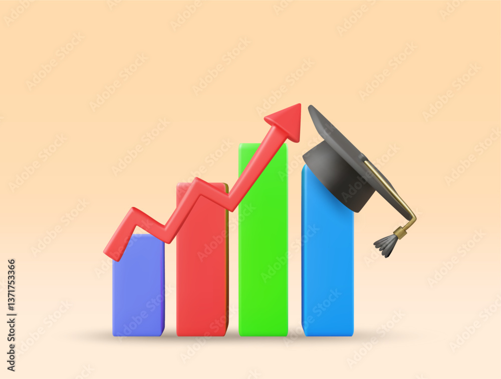 3D illustration vector render icon graph, graduation cap, up arrow. Educational progress and success concept. Development, increased opportunities, learning, investment in education.