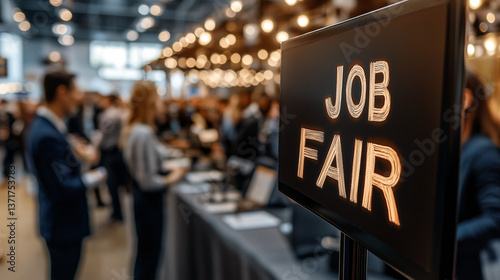 Job fair sign at busy career event