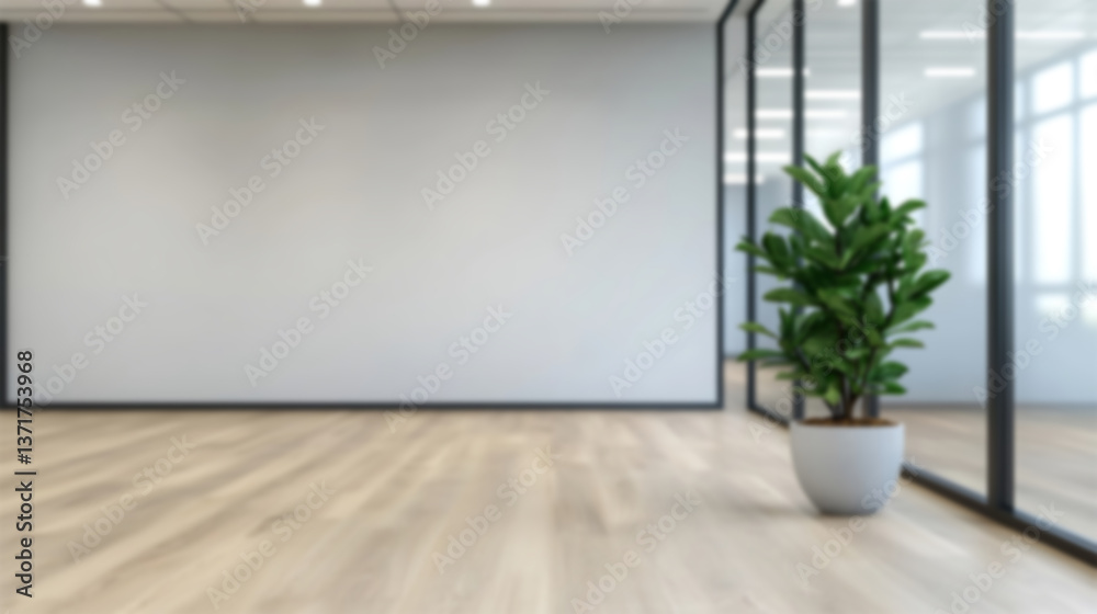 Fototapeta premium A modern, airy office space featuring a potted plant beside a glass-paneled wall, suggesting a bright, contemporary environment with ample natural light and minimalist design.