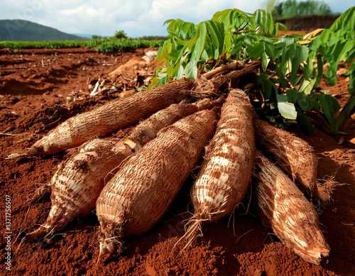 Close-up of harvested cassava, A bunch of cassava tubers freshly pulled from the ground