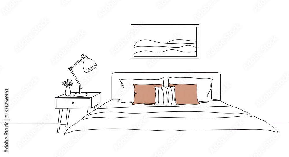 Line art illustration of a cozy bedroom with a bed, pillows, bedside table, lamp, and wall art. Line art illustration of a cozy bedroom with a bed, pillows, bedside table, lamp, and wall art.