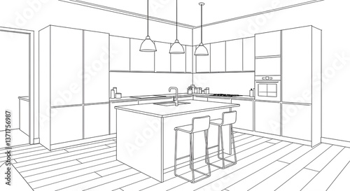 Line art illustration of a modern kitchen with cabinets, countertop, sink, stove, bar stools, and pendant lights.