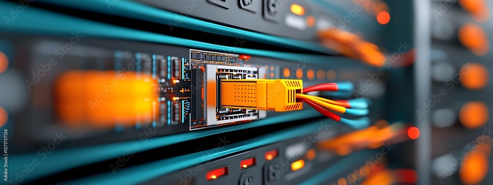 Naklejka premium Cutting edge server racks complex cables and illuminated circuitry powering dynamic data processing and connectivity in a high tech digital infrastructure