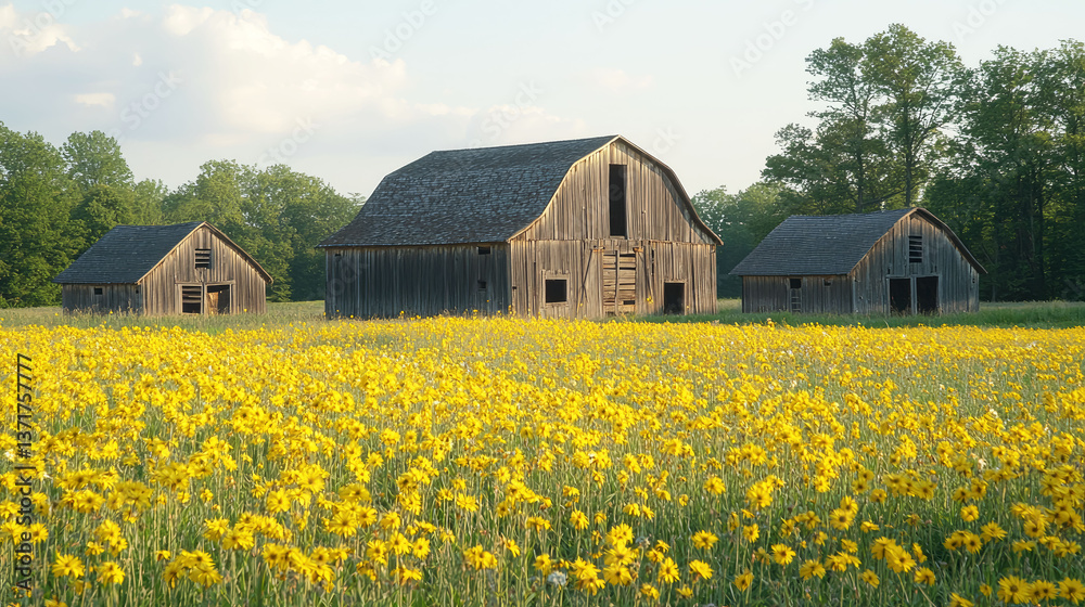 Rustic Wooden Barns in a Vibrant Yellow Flower Field Rustic Wooden Barns in a Vibrant Yellow Flower Field