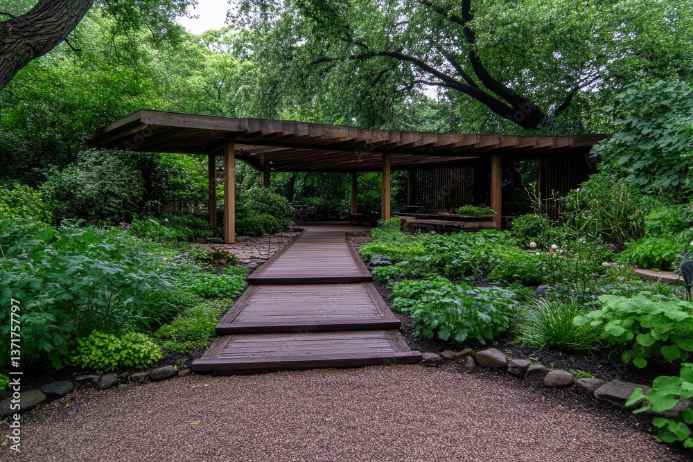 Wooden pathway leads to a garden shelter surrounded by lush greenery. Gravel paths wind through the landscape Wooden pathway leads to a garden shelter surrounded by lush greenery. Gravel paths wind through the landscape