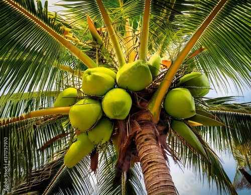 Coconuts growing on a palm tree