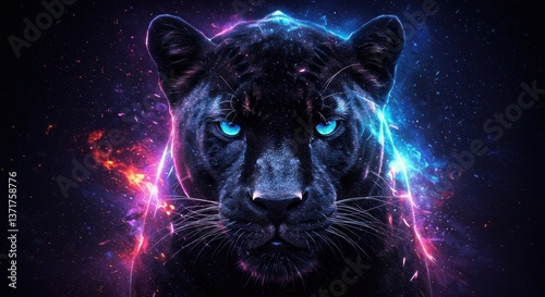 A black panther with glowing blue eyes surrounded by colorful cosmic energy and particles art