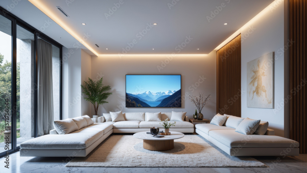 Fototapeta premium Modern living room with large sectional sofa, minimalist decor, and scenic mountain view wall mounted TV, creating serene