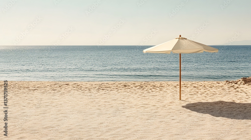 Serene Beach Umbrella on Sandy Shore Ocean View Summer Vacation Serene Beach Umbrella on Sandy Shore Ocean View Summer Vacation