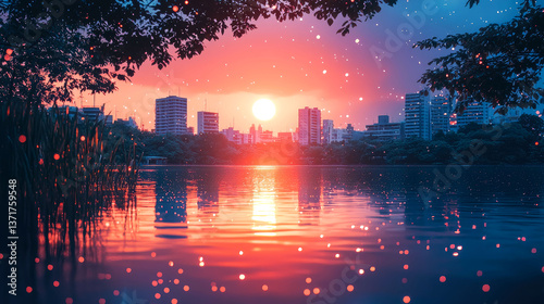 Sunset Cityscape: Tranquil Lake Reflection at Dusk