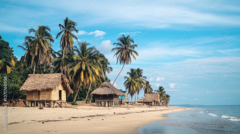Obraz premium Tropical Beach Huts with Palm Trees and Blue Sky