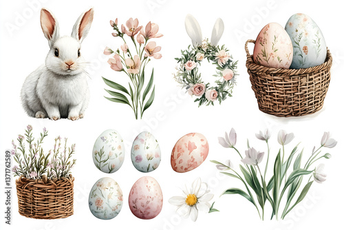 Wallpaper Mural Easter's Floral Bounty: A whimsical collection of Easter elements, featuring a charming rabbit, pastel-colored eggs in wicker baskets, and delicate floral arrangements. Torontodigital.ca