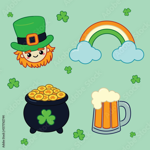 A festive St. Patrick's Day vector illustration featuring a leprechaun, rainbow, pot of gold, beer, and shamrocks on a light green background. Ideal for stickers, icons, and holiday designs.