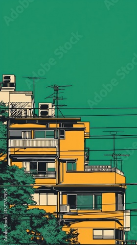 Yellow building, city skyline, green background, urban illustration, phone wallpaper