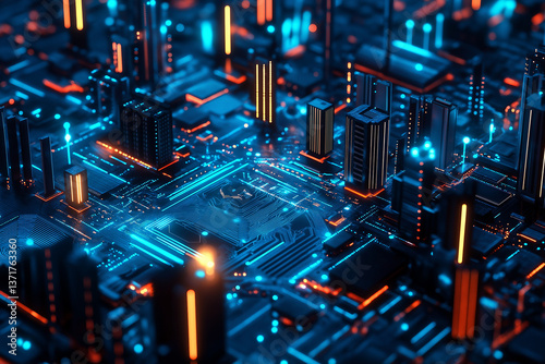 Futuristic digital metropolis, 3d rendered circuitry and motherboard visualization - Information technology and internet of things hub with dynamic data flow animation 