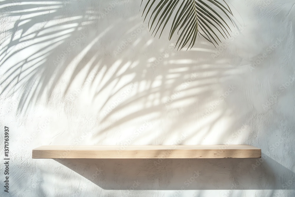 Empty Wooden Shelf on White Wall with Tropical Leaf Shadow Overlay Empty Wooden Shelf on White Wall with Tropical Leaf Shadow Overlay