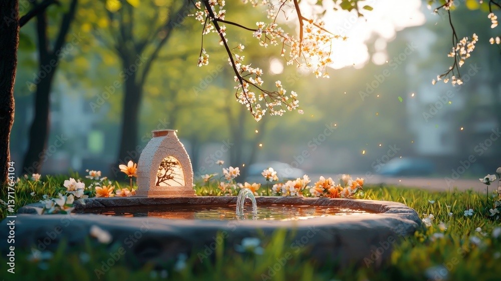 Fototapeta premium Serene Stone Fountain Blooming Flowers Tranquil Garden Scene 3D Render