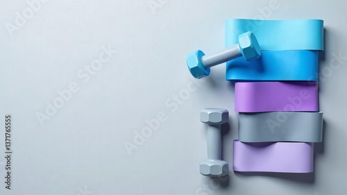 Set of fitness rubber bands for sports and dumbbells on gray background, space for text