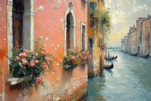 Canal in venice, oil painting illustration