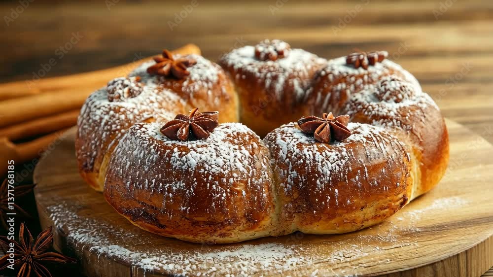Freshly baked bread topped with spices on a wooden board, showcasing culinary artistry and traditional methods Freshly baked bread topped with spices on a wooden board, showcasing culinary artistry and traditional methods