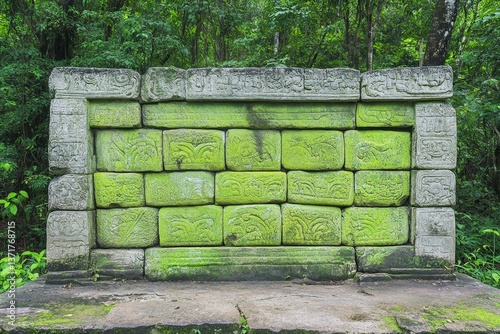 A lost temple being unearthed in a dense rainforest, vines covering its stone walls