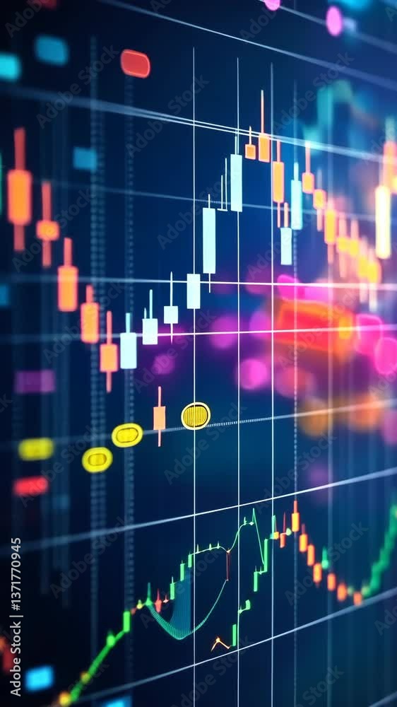Financial data graph shows stock market price fluctuations in teal, green and orange Financial data graph shows stock market price fluctuations in teal, green and orange
