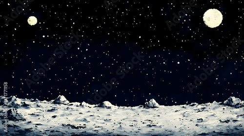 Pixelated Lunar Landscape Under Starry Night Sky with Detailed Moon Surface and Celestial Glow in Retro Style