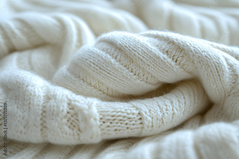 Close-up of a textured white knitted blanket showcasing intricate patterns and soft fibers Close-up of a textured white knitted blanket showcasing intricate patterns and soft fibers