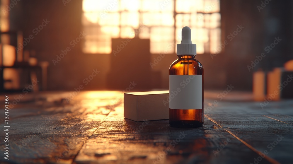 Amber glass bottle with dropper and label on wood surface