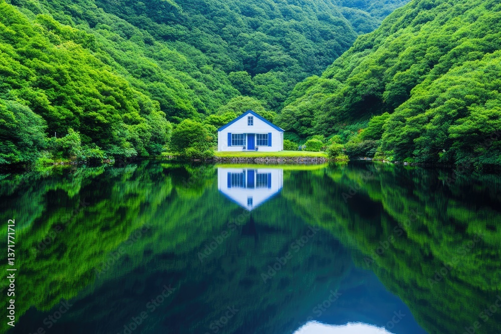 Fototapeta premium House reflecting on water surrounded by green, lush mountain vegetation