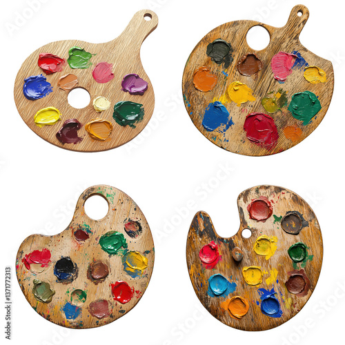 Wooden Artist Palette with Colorful Paint Blobs 