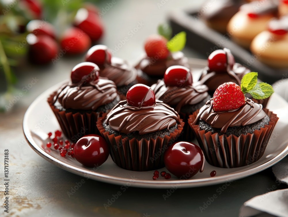 Chocolate Cherry Temptation: Indulge in a decadent display of chocolate cupcakes artfully adorned with glistening cherries, a symphony of flavors and textures.