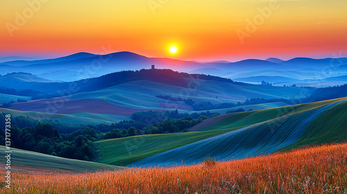 Stunning Sunset Landscape: Serene Hilltop Panorama at Dawn